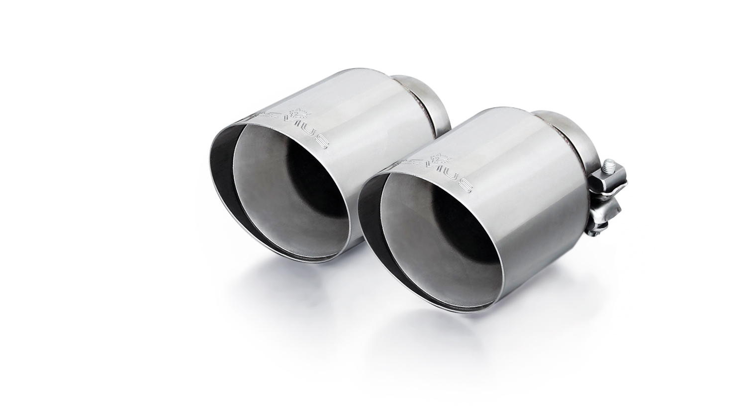 Stainless steel tail pipe set L/R with each 2 tail pipes Ø 102 mm angled, straight cut, chromed, with adjustable spherical clamp connection