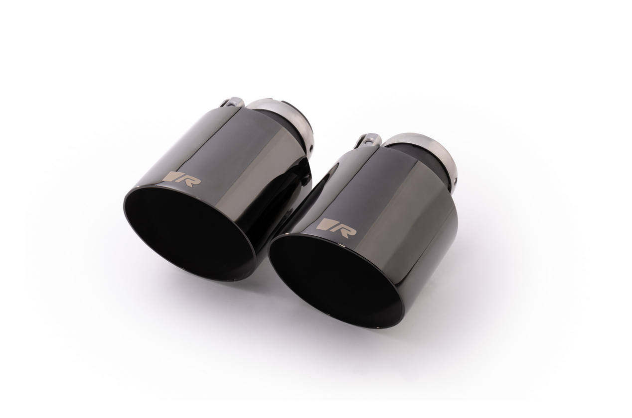 Stainless steel tailpipe set: 2 tailpipes Ø 102 mm angled, straight cut, Glossy Black, with adjustable ball clamp connection